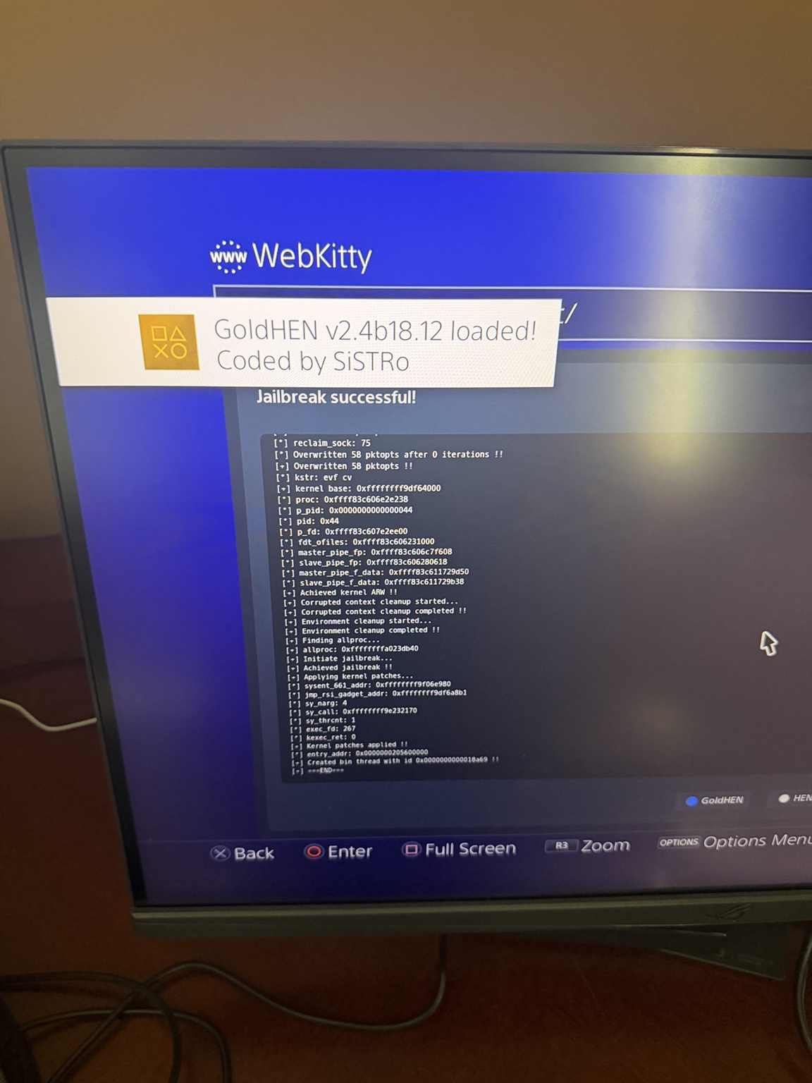 GoldHEN successfully loaded on the PS4